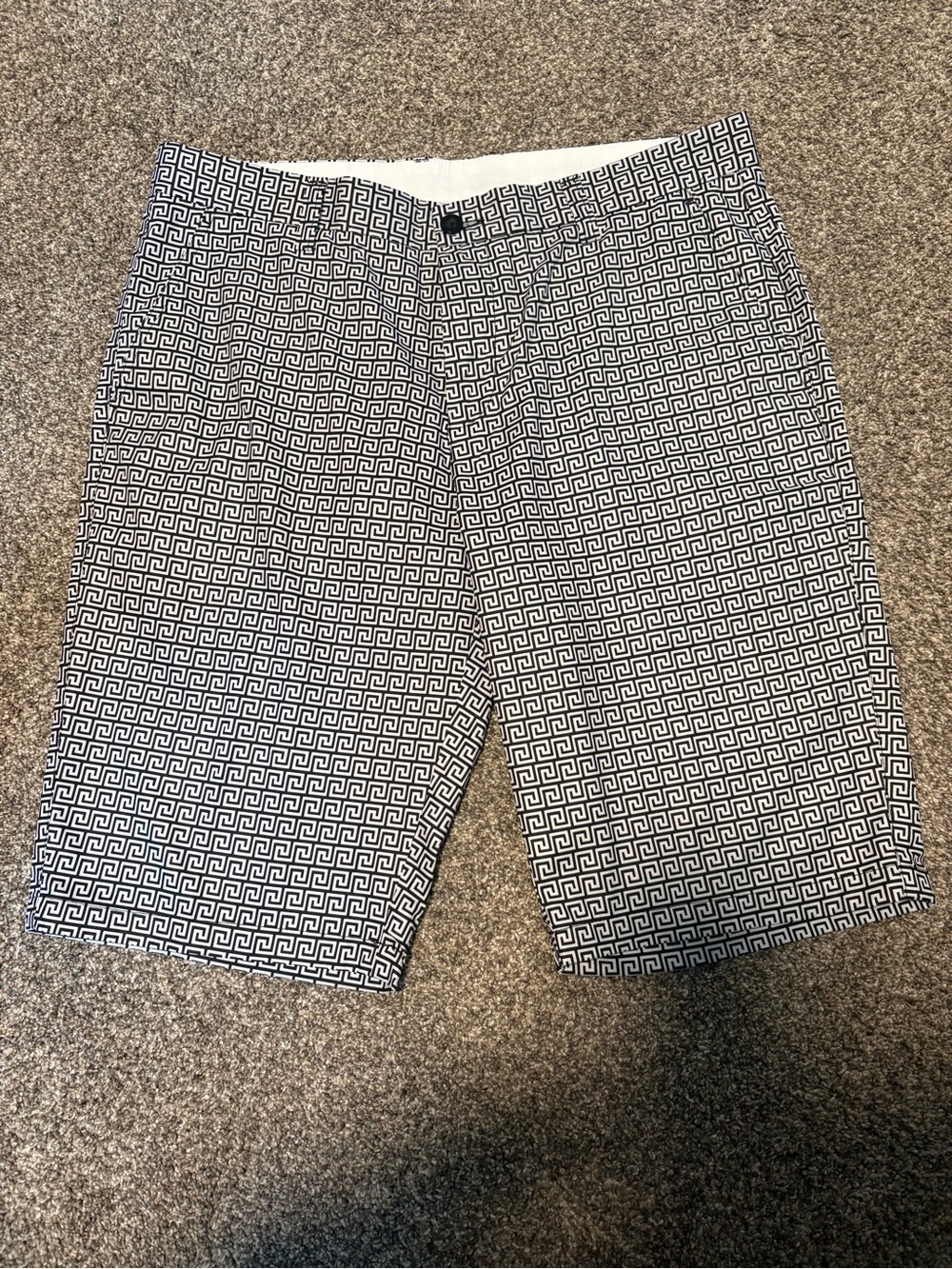 HRESKI Black & White Greek Key Print Flat Front Shorts. Never Worn
